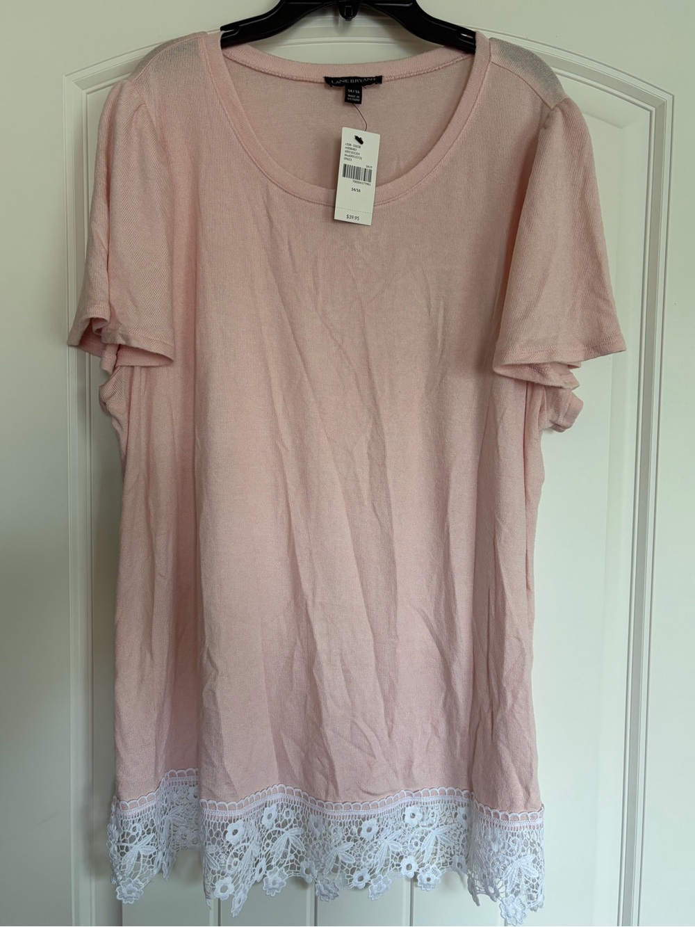 Lane Bryant Pale Pink Short Sleeve Top with White Lace Trim